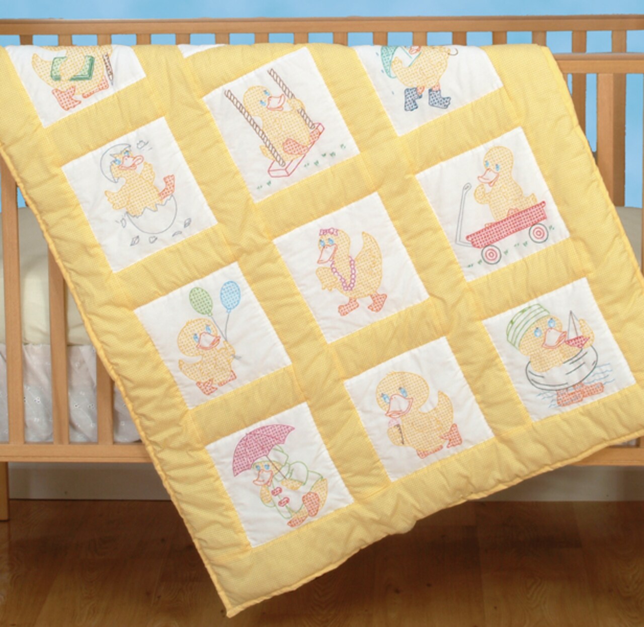 Jack Dempsey Stamped White Nursery Quilt Blocks 9"X9" 12/pkg-Baby Ducks